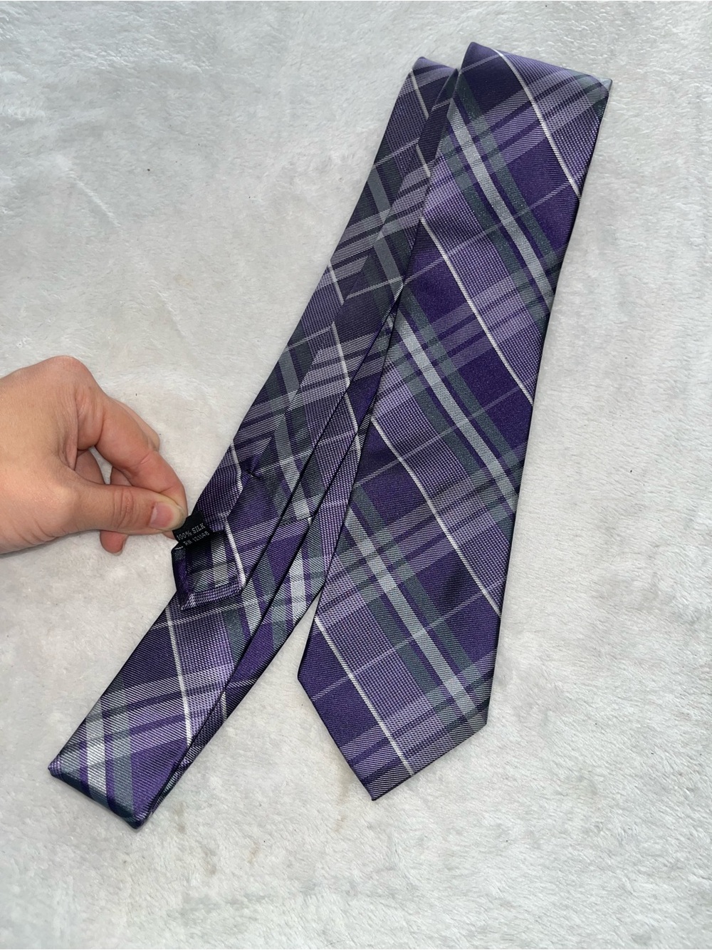 NWT Silk ck Calvin Klein Men’s Tie Long Purple Plaid with Gray Black Grey 100%